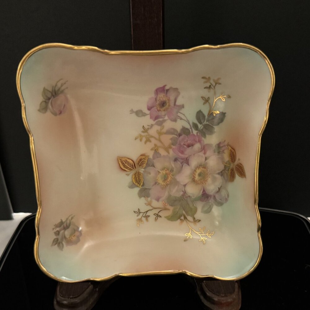 Vintage SCHUMANN ARZBERG Wild Rose Square Bowl Candy Trinket Dish Gold Trim